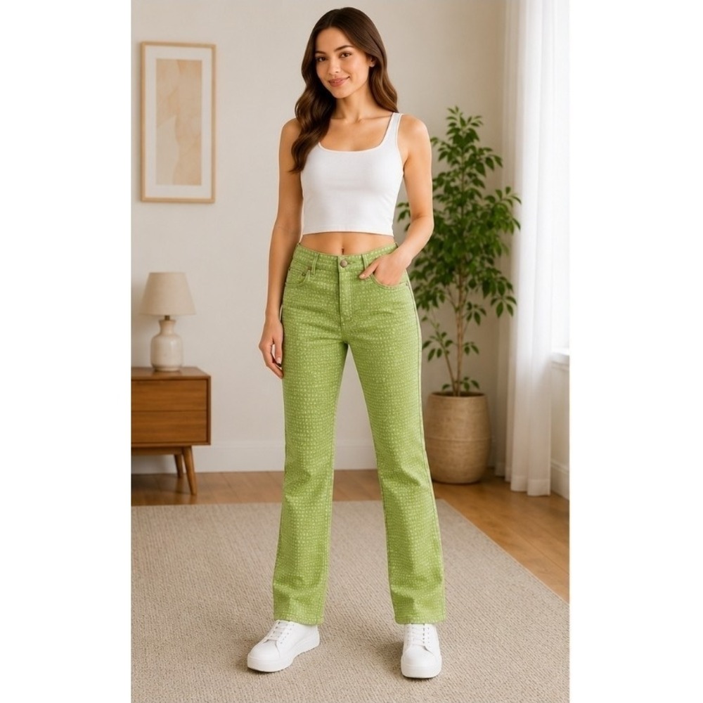 PLATINI JEANS COUGAR  ALL OVER LOGO Print Satin Flare Pants Sz 26  Nwt Green T50